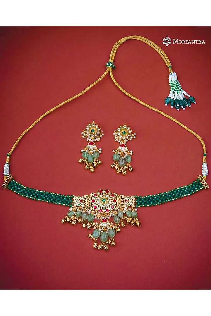 Gold Plated Uncut Polki & Beaded Jadau Choker Necklace Set by Mortantra at Pernia's Pop Up Shop