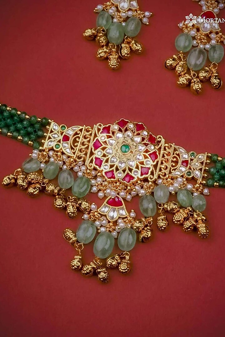 Gold Plated Uncut Polki & Beaded Jadau Choker Necklace Set by Mortantra at Pernia's Pop Up Shop