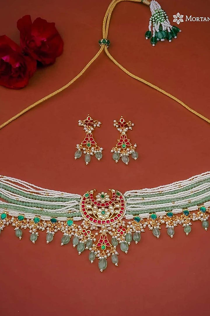 Gold Plated Uncut Polki & Beaded Jadau Choker Necklace Set by Mortantra at Pernia's Pop Up Shop