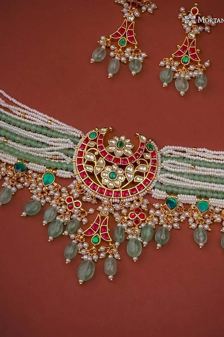 Gold Plated Uncut Polki & Beaded Jadau Choker Necklace Set by Mortantra at Pernia's Pop Up Shop