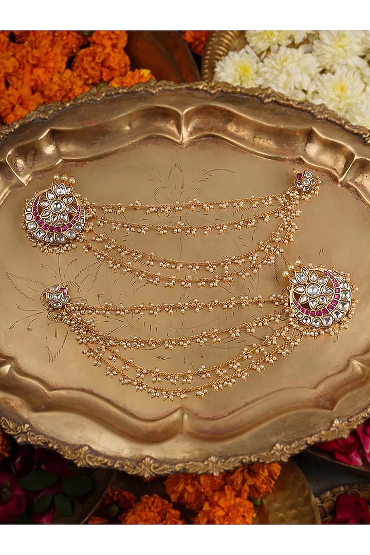 Gold Plated Uncut Polki & Beaded Jadau Earchains by Mortantra at Pernia's Pop Up Shop