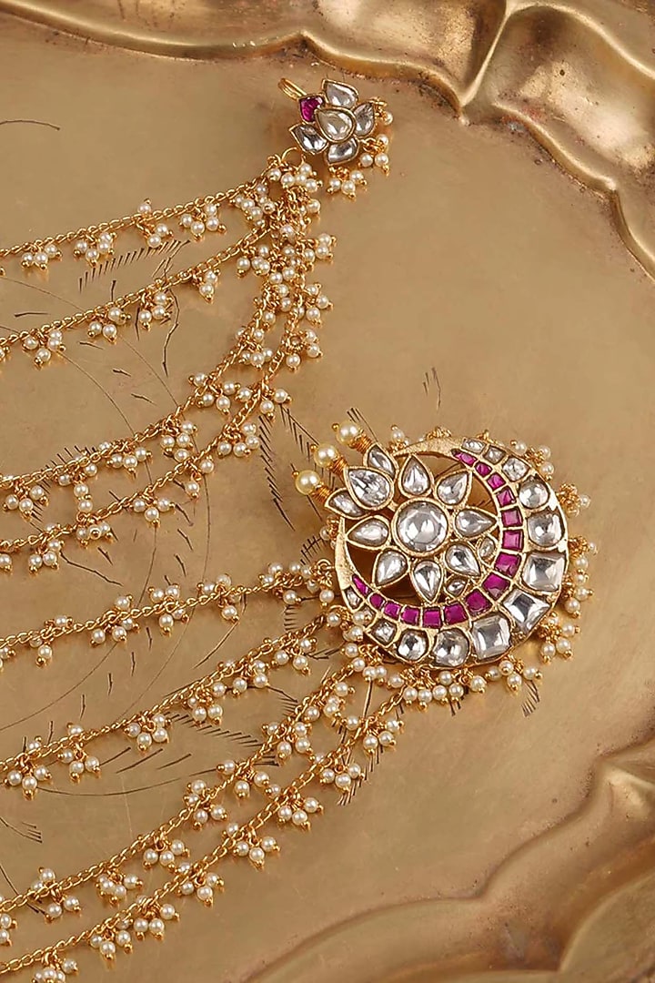 Gold Plated Uncut Polki & Beaded Jadau Earchains by Mortantra at Pernia's Pop Up Shop