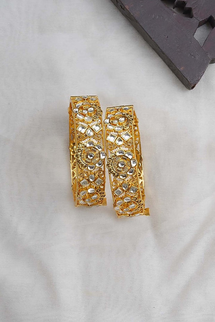 Gold Plated Uncut Polki & Beaded Jadau Bangles (Set Of 2) by Mortantra at Pernia's Pop Up Shop