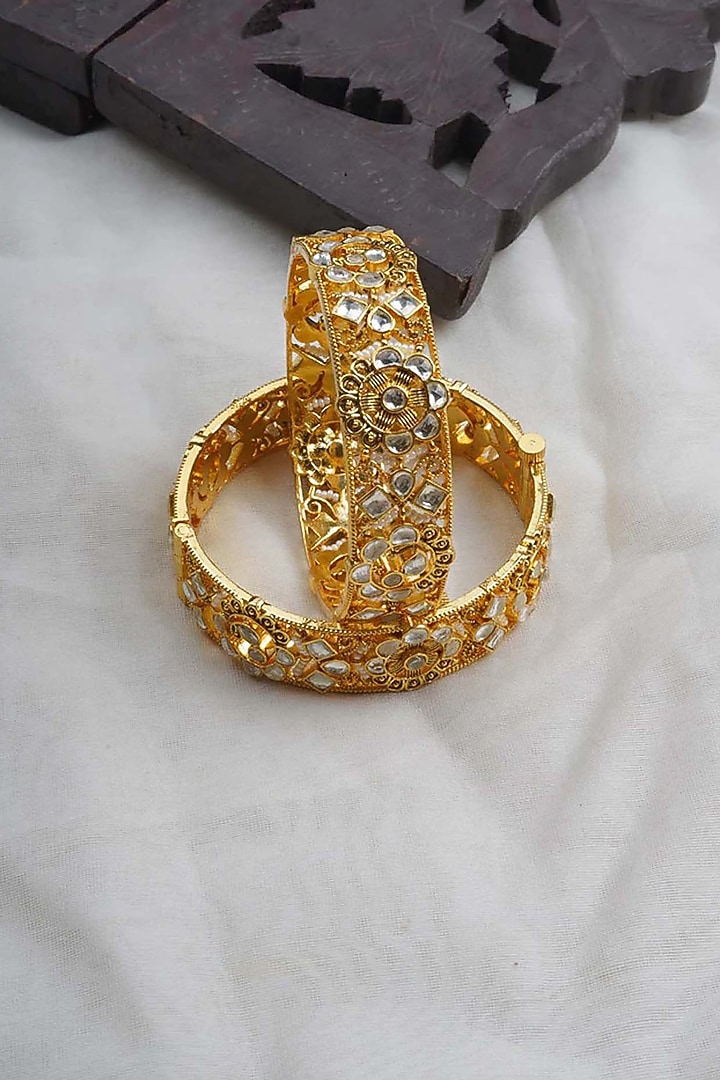 Gold Plated Uncut Polki & Beaded Jadau Bangles (Set Of 2) by Mortantra at Pernia's Pop Up Shop