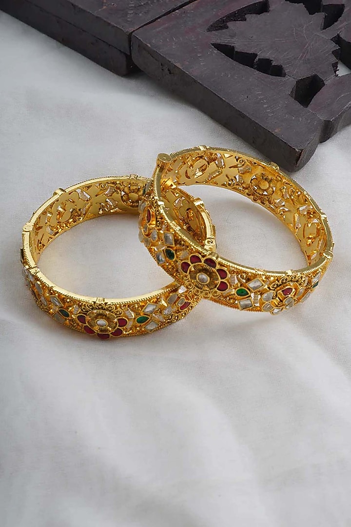 Gold Plated Uncut Polki & Beaded Jadau Bangles (Set Of 2) by Mortantra at Pernia's Pop Up Shop