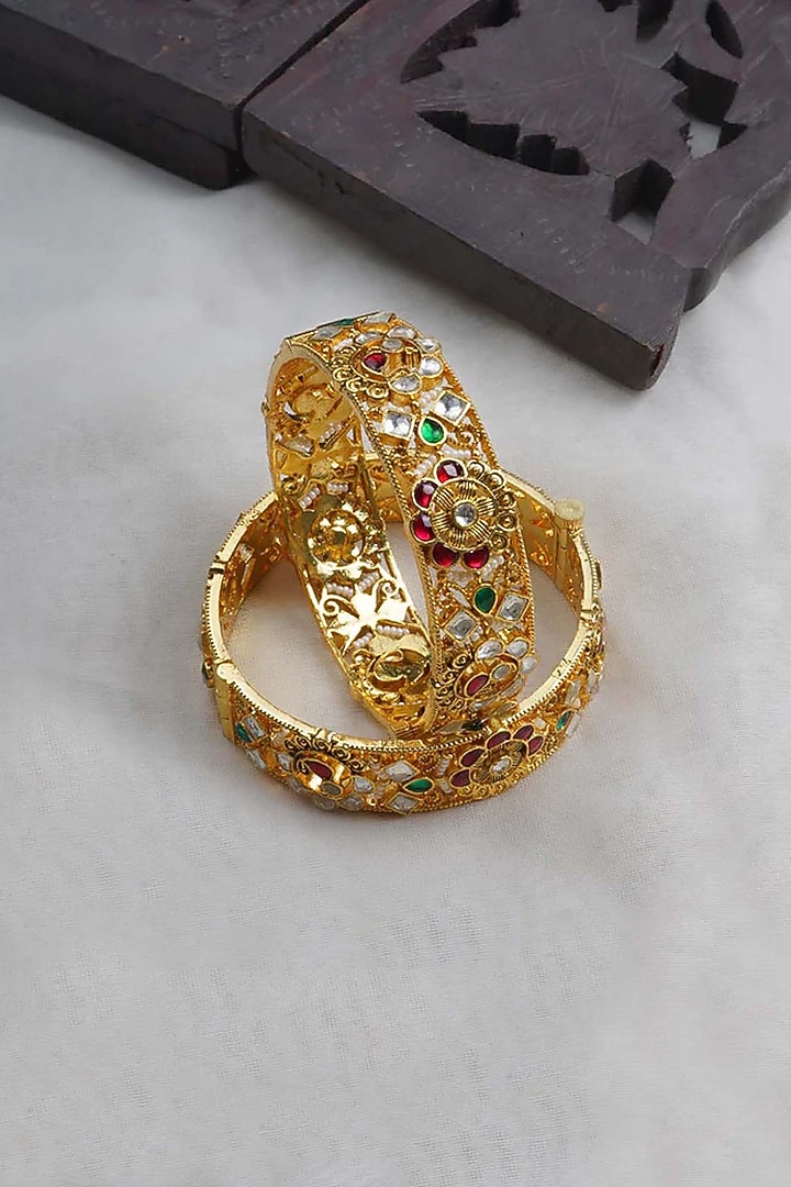 Gold Plated Uncut Polki & Beaded Jadau Bangles (Set Of 2) by Mortantra at Pernia's Pop Up Shop
