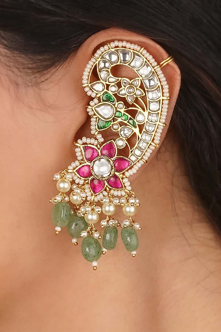 Gold Plated Uncut Polki & Beaded Jadau Earcuffs by Mortantra at Pernia's Pop Up Shop