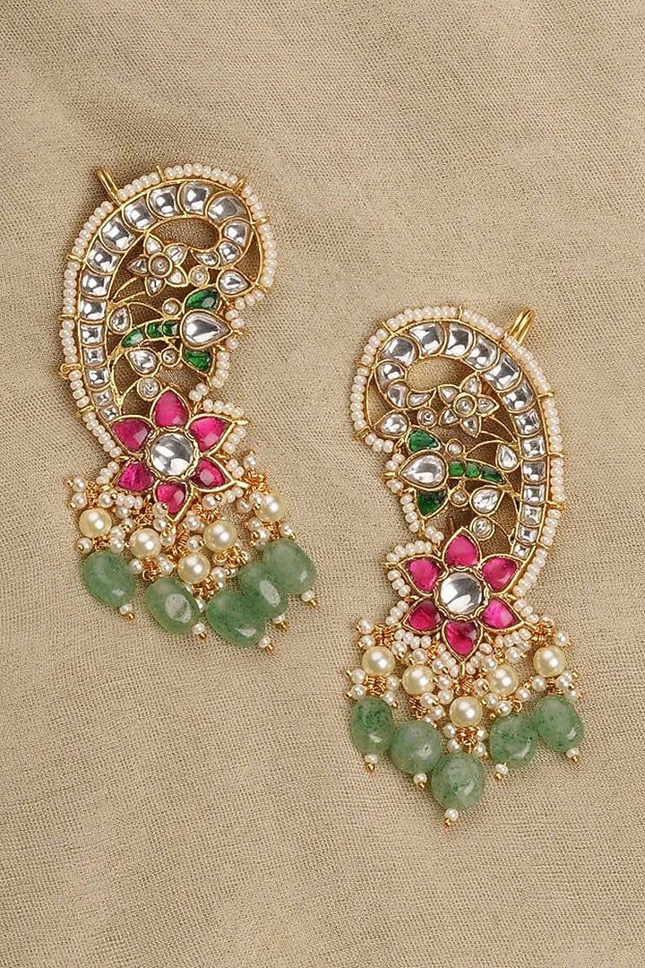 Gold Plated Uncut Polki & Beaded Jadau Earcuffs by Mortantra at Pernia's Pop Up Shop