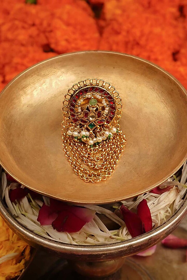Gold Plated Uncut Polki & Beaded Jadau Ring by Mortantra at Pernia's Pop Up Shop