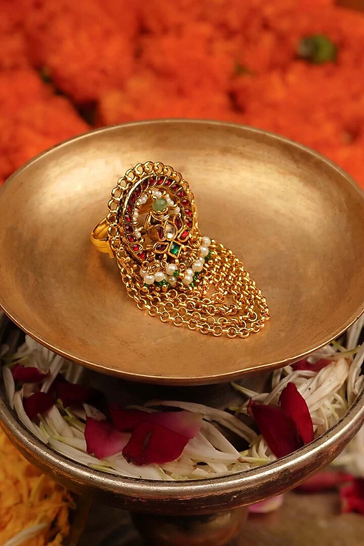 Gold Plated Uncut Polki & Beaded Jadau Ring by Mortantra at Pernia's Pop Up Shop
