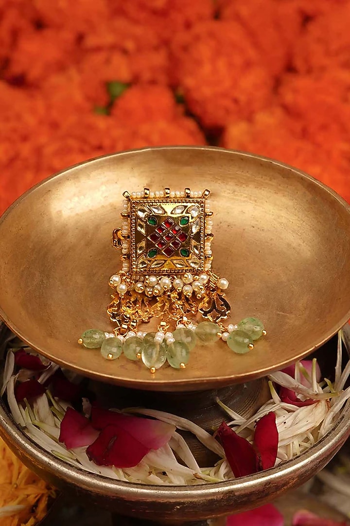 Gold Plated Uncut Polki & Beaded Jadau Ring by Mortantra at Pernia's Pop Up Shop