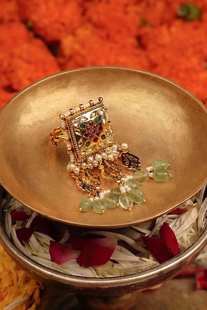 Gold Plated Uncut Polki & Beaded Jadau Ring by Mortantra at Pernia's Pop Up Shop