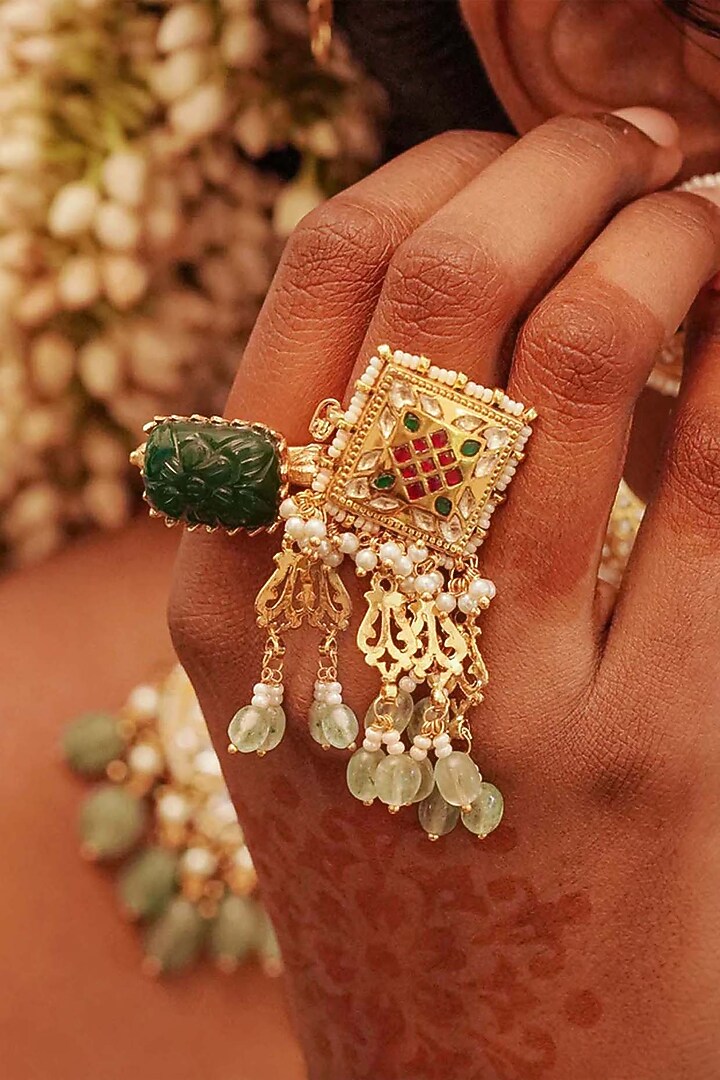 Gold Plated Uncut Polki & Beaded Jadau Ring by Mortantra at Pernia's Pop Up Shop