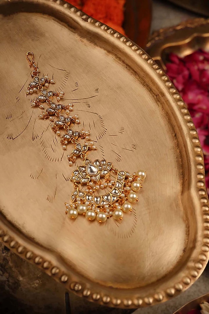 Gold Plated Uncut Polki & Beaded Jadau Maangtikka by Mortantra at Pernia's Pop Up Shop