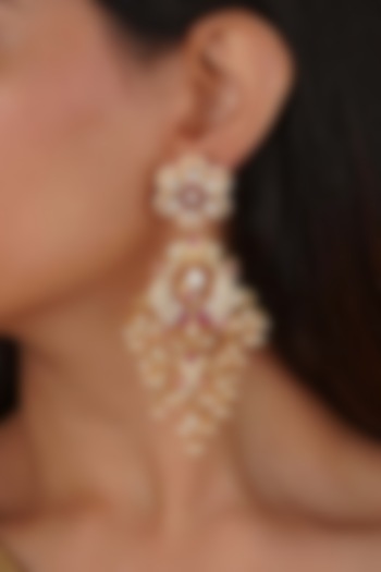 Gold Plated Uncut Polki & Beaded Jadau Dangler Earrings by Mortantra at Pernia's Pop Up Shop