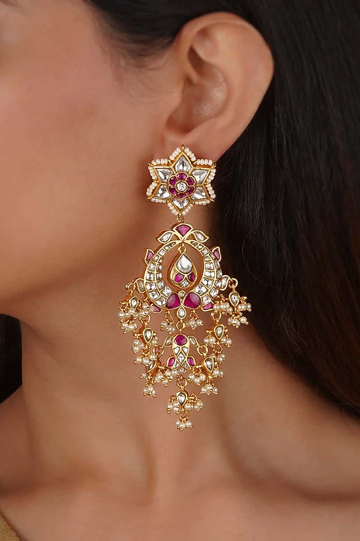 Gold Plated Uncut Polki & Beaded Jadau Dangler Earrings by Mortantra at Pernia's Pop Up Shop