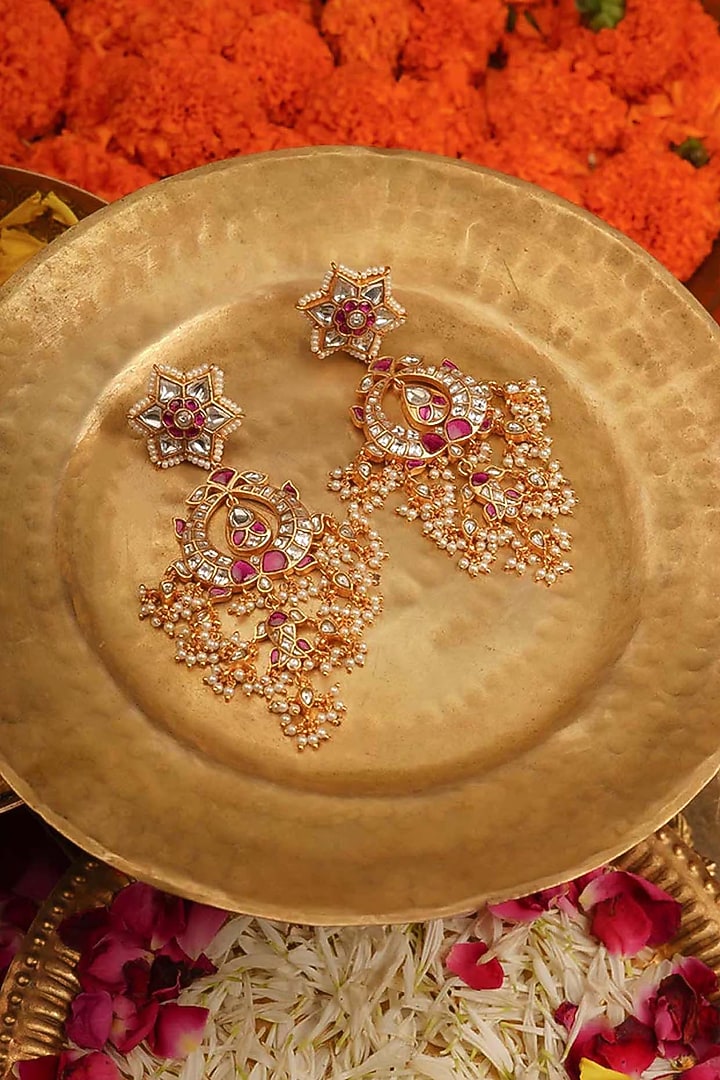 Gold Plated Uncut Polki & Beaded Jadau Dangler Earrings by Mortantra at Pernia's Pop Up Shop