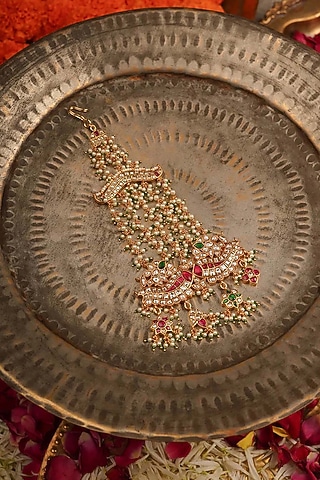 Gold Plated Uncut Polki & Beaded Jadau Passa by Mortantra
