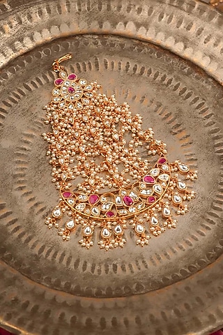 Gold Plated Uncut Polki & Beaded Jadau Passa by Mortantra