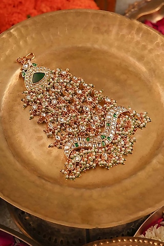 Gold Plated Uncut Polki & Beaded Jadau Passa by Mortantra