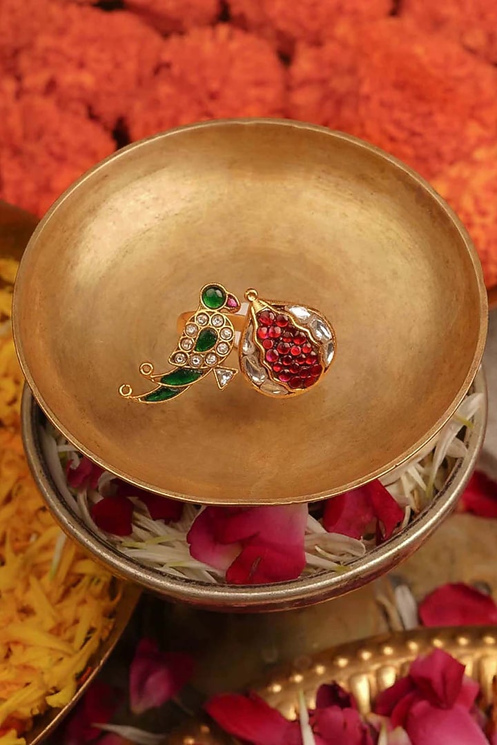 Gold Plated Uncut Polki & Beaded Jadau Ring by Mortantra at Pernia's Pop Up Shop