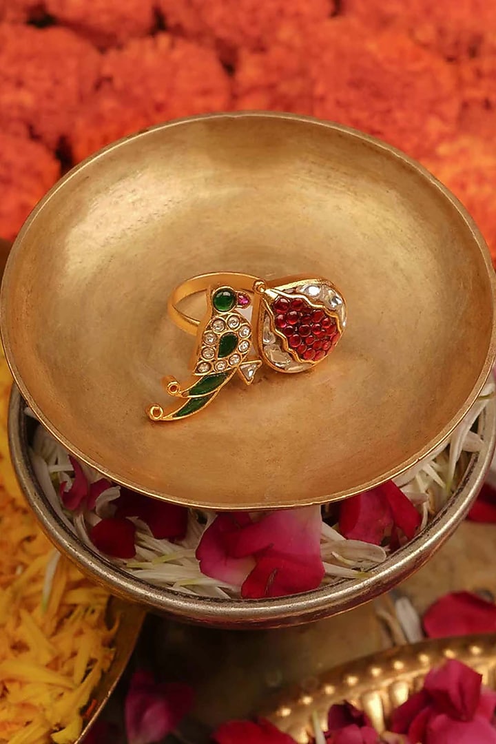 Gold Plated Uncut Polki & Beaded Jadau Ring by Mortantra at Pernia's Pop Up Shop