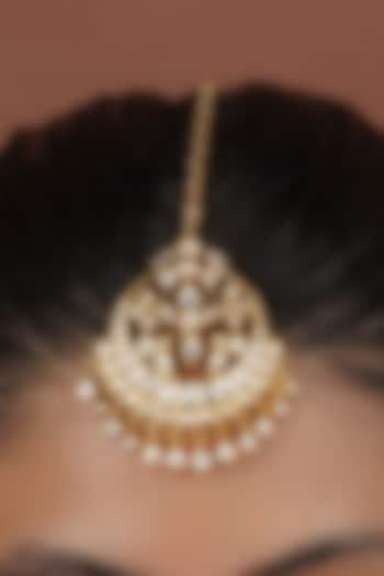 Gold Plated Uncut Polki & Beaded Jadau Maangtikka by Mortantra at Pernia's Pop Up Shop
