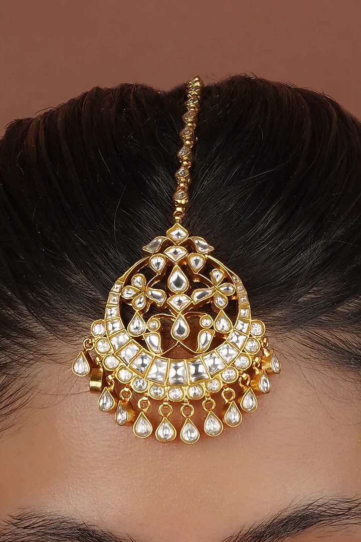 Gold Plated Uncut Polki & Beaded Jadau Maangtikka by Mortantra at Pernia's Pop Up Shop