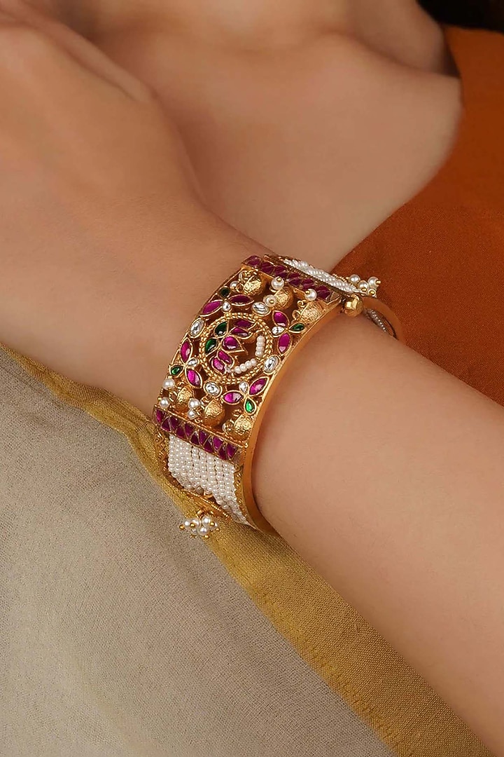 Gold Plated Uncut Polki & Beaded Jadau Bangle by Mortantra at Pernia's Pop Up Shop