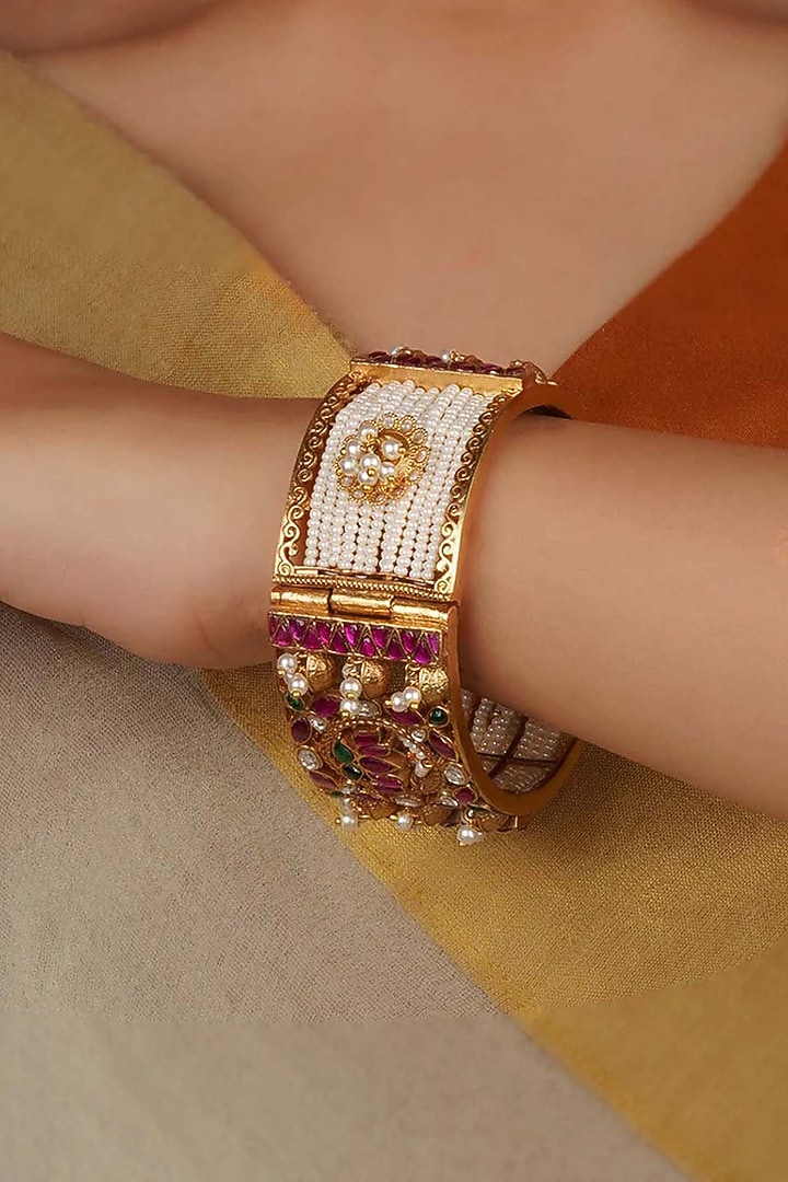 Gold Plated Uncut Polki & Beaded Jadau Bangle by Mortantra at Pernia's Pop Up Shop
