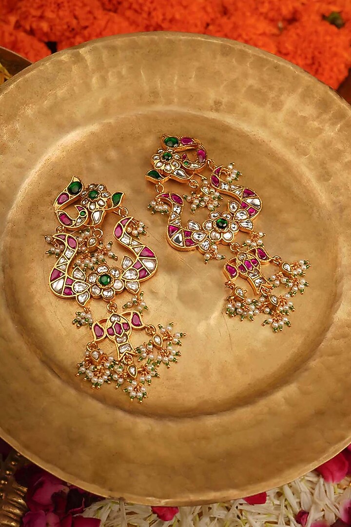 Gold Plated Uncut Polki & Beaded Jadau Dangler Earrings by Mortantra at Pernia's Pop Up Shop