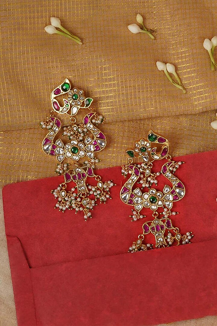 Gold Plated Uncut Polki & Beaded Jadau Dangler Earrings by Mortantra at Pernia's Pop Up Shop