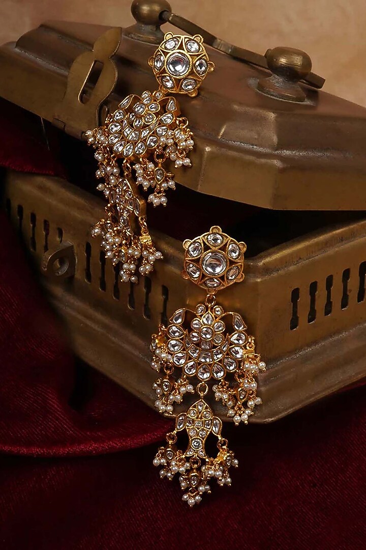 Gold Plated Uncut Polki & Beaded Jadau Dangler Earrings by Mortantra at Pernia's Pop Up Shop