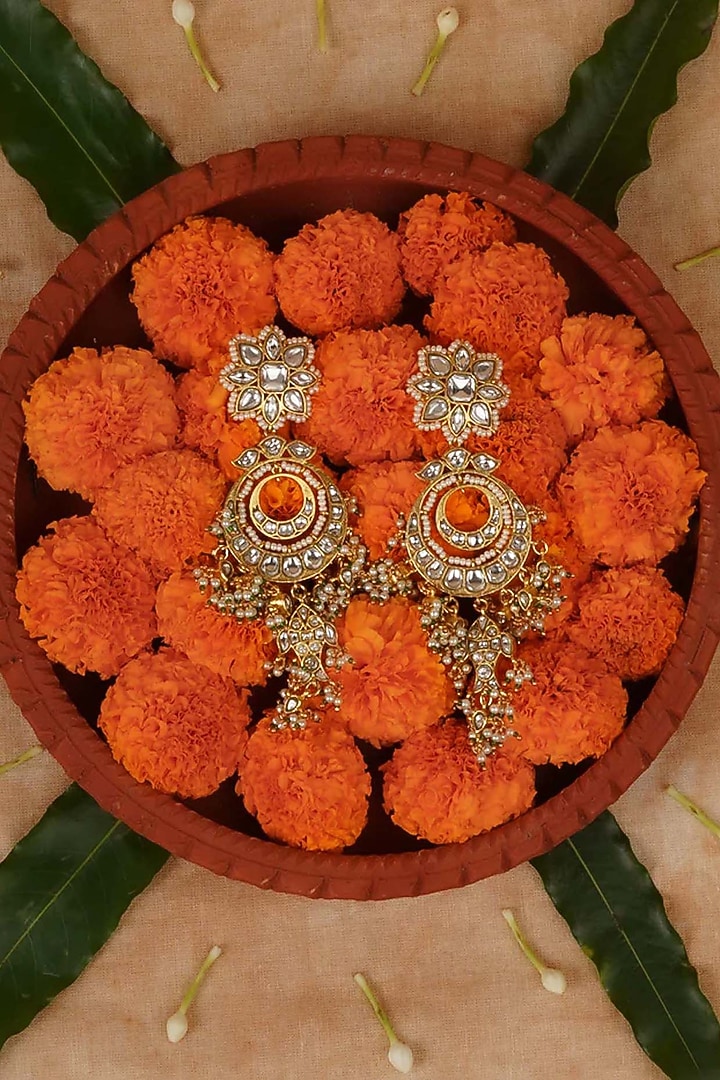 Gold Plated Uncut Polki & Beaded Jadau Dangler Earrings by Mortantra at Pernia's Pop Up Shop