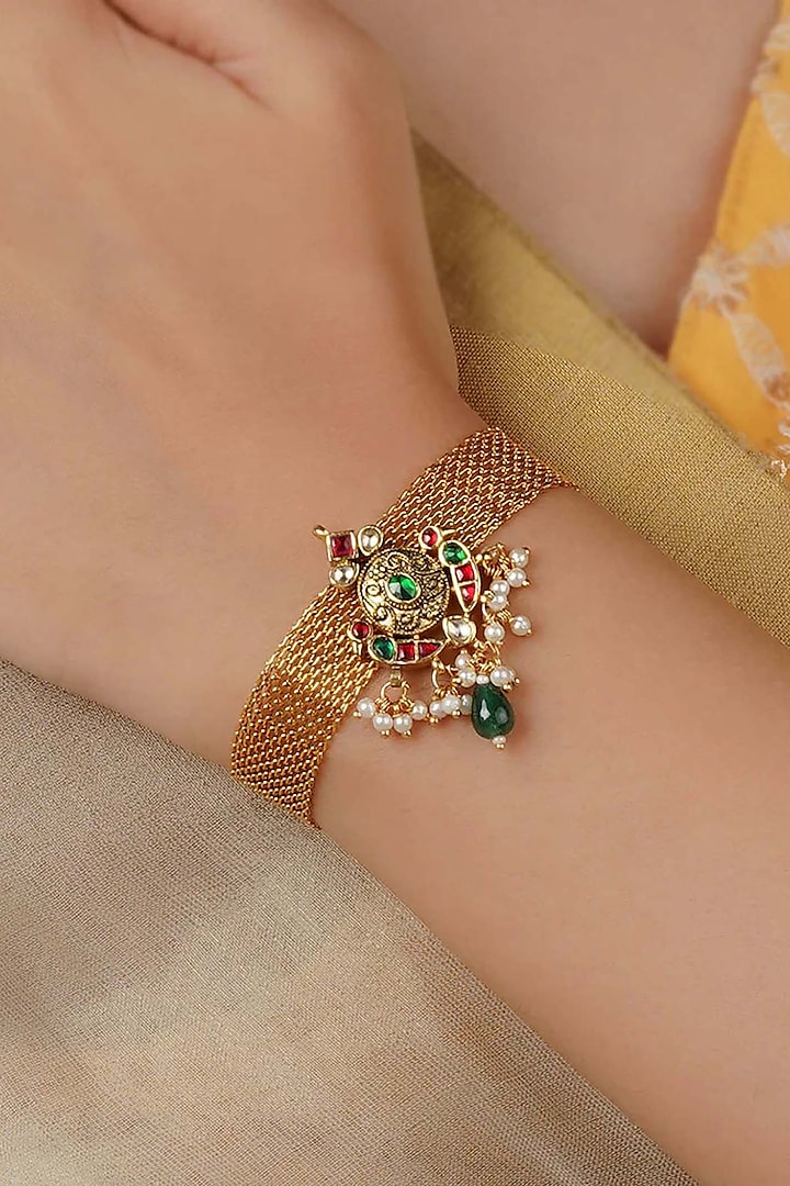Gold Plated Uncut Polki & Beaded Jadau Bracelet by Mortantra at Pernia's Pop Up Shop