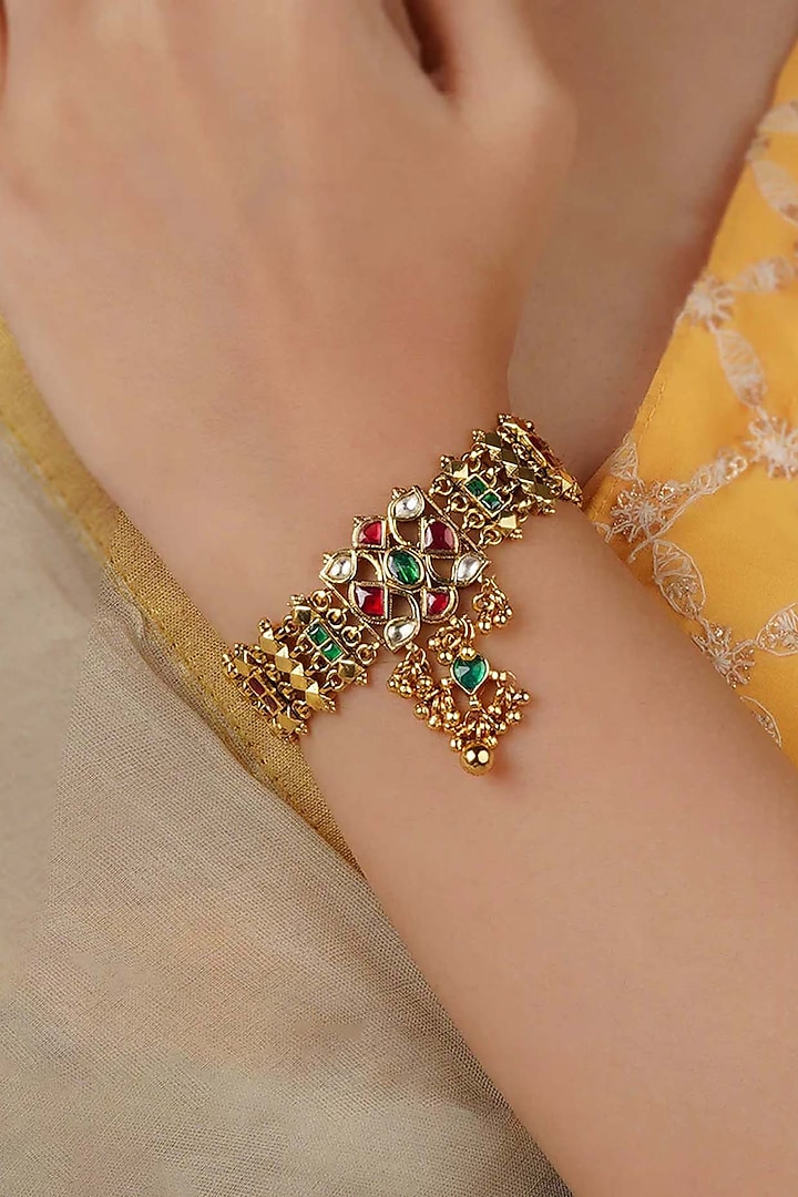 Gold Plated Uncut Polki & Beaded Jadau Bracelet by Mortantra at Pernia's Pop Up Shop