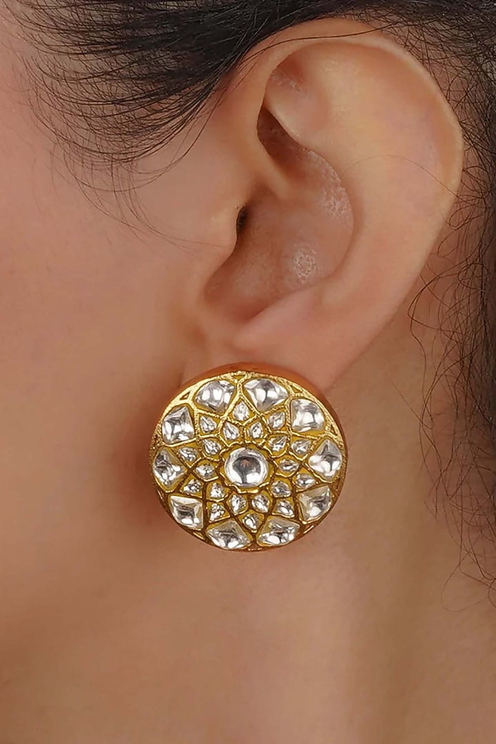 Gold Plated Uncut Polki & Beaded Jadau Stud Earrings by Mortantra at Pernia's Pop Up Shop
