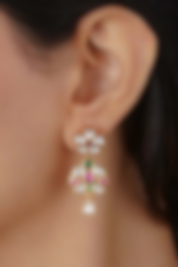 Gold Plated Uncut Polki & Beaded Jadau Dangler Earrings by Mortantra at Pernia's Pop Up Shop