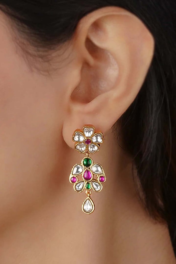 Gold Plated Uncut Polki & Beaded Jadau Dangler Earrings by Mortantra at Pernia's Pop Up Shop