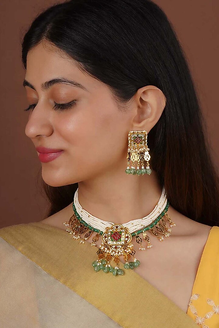 Gold Plated Uncut Polki & Beaded Jadau Choker Necklace Set by Mortantra at Pernia's Pop Up Shop