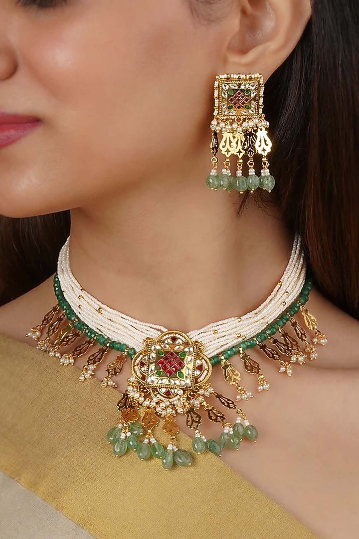 Gold Plated Uncut Polki & Beaded Jadau Choker Necklace Set by Mortantra at Pernia's Pop Up Shop