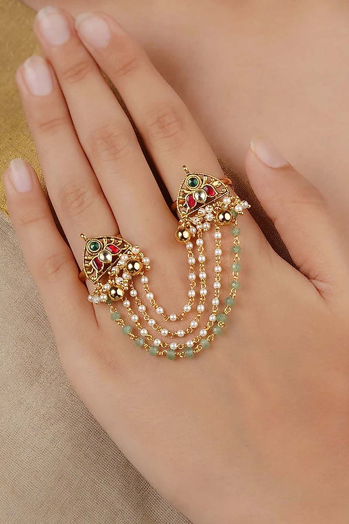 Gold Plated Uncut Polki & Beaded Jadau Ring by Mortantra at Pernia's Pop Up Shop