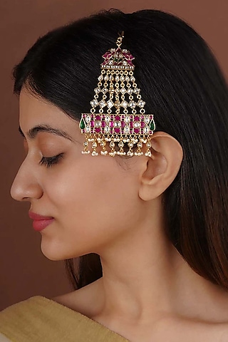Gold Plated Uncut Polki & Beaded Jadau Passa by Mortantra