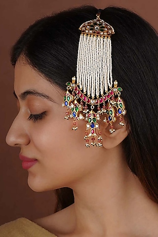 Gold Plated Uncut Polki & Beaded Jadau Passa by Mortantra