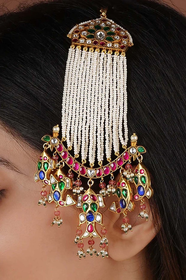Gold Plated Uncut Polki & Beaded Jadau Passa by Mortantra at Pernia's Pop Up Shop