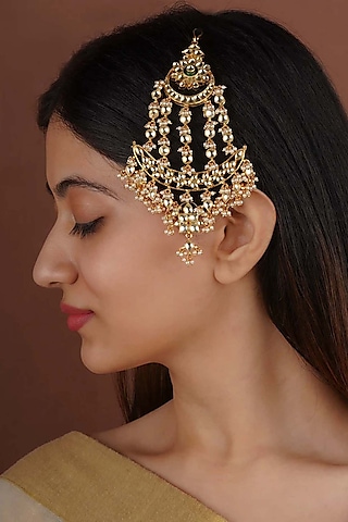 Gold Plated Uncut Polki & Beaded Jadau Passa by Mortantra