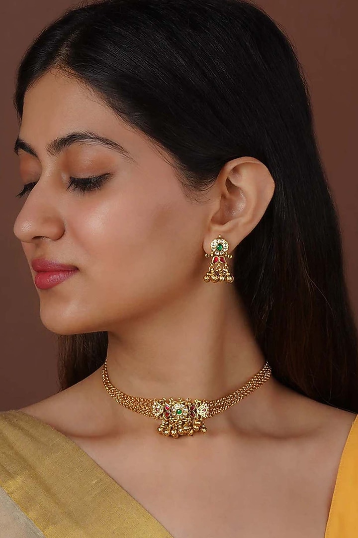 Gold Plated Uncut Polki & Beaded Jadau Choker Necklace Set by Mortantra at Pernia's Pop Up Shop