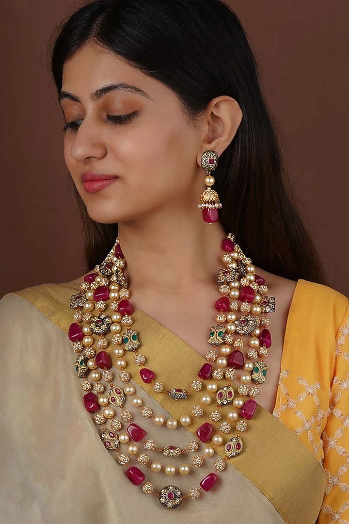 Gold Plated Uncut Polki & Beaded Jadau Layered Necklace Set by Mortantra at Pernia's Pop Up Shop