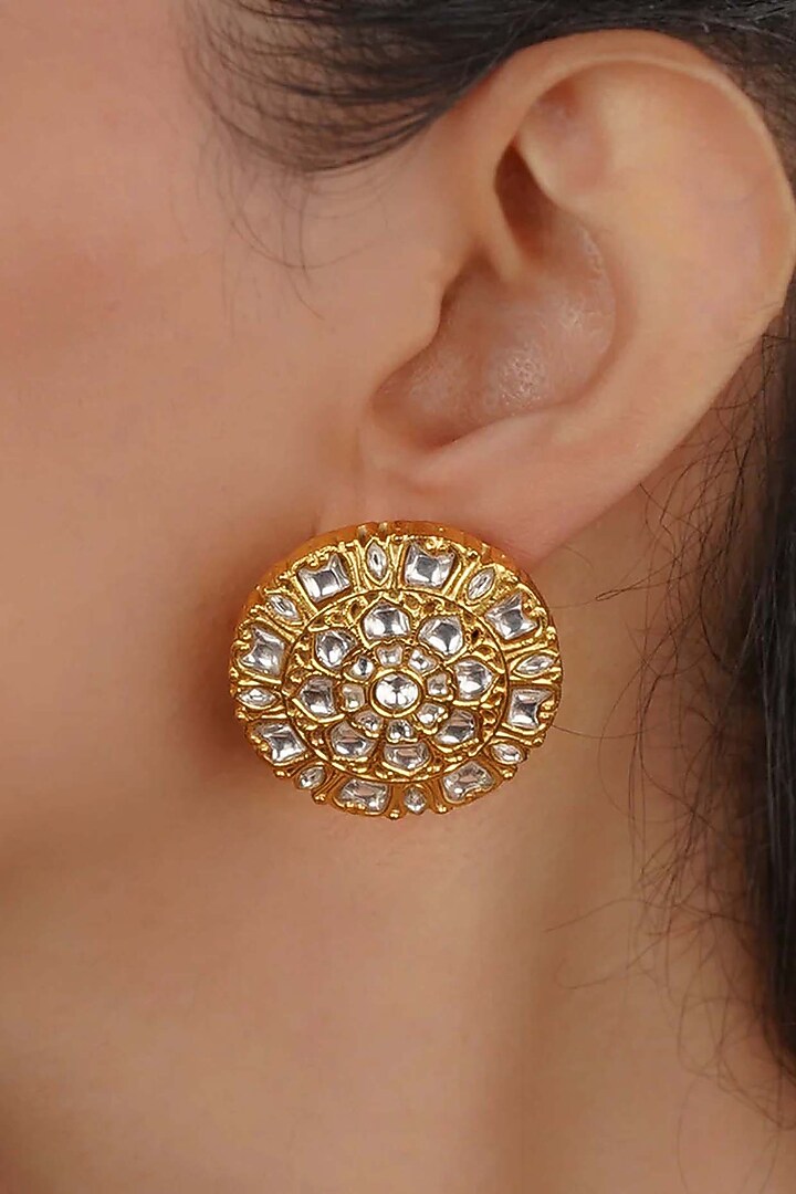 Gold Plated Uncut Polki & Beaded Jadau Stud Earrings by Mortantra at Pernia's Pop Up Shop