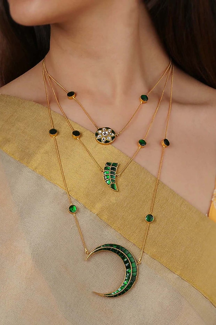 Gold Plated Uncut Polki & Beaded Jadau Layered Necklace by Mortantra at Pernia's Pop Up Shop